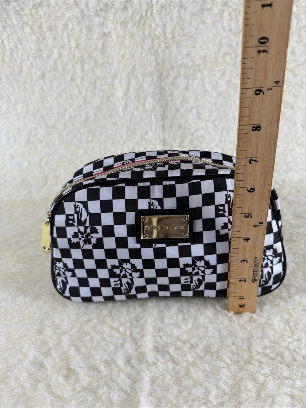 Betsey Johnson Black & White Checkered Cosmetic Pouch with Floral Motif